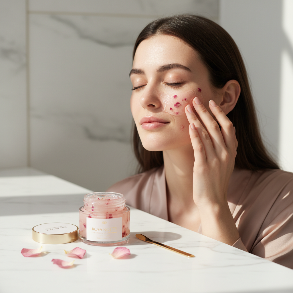Maschera viso ai petali di rosa su sfondo marmo bianco, estetica luxury italiana