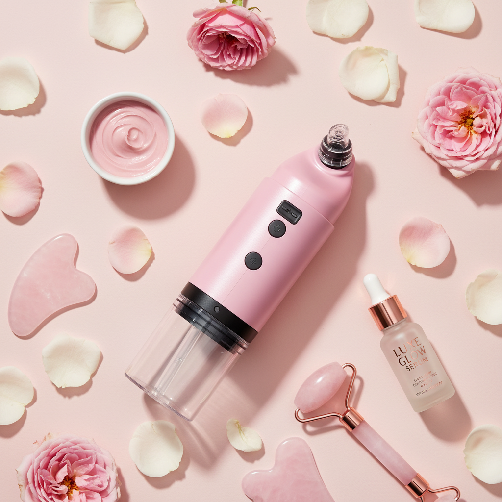 Aspiratore viso rosa lifestyle flat lay